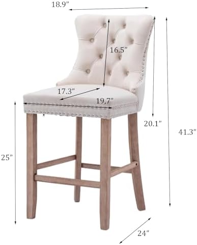 SoarFlash Modern Velvet Upholstered Bar Stools Set of 2 with Wood Legs, Button Tufted,Chrome Nailhead, Counterstool Seat, Armless Bar Chairs (Beige) - Image 2