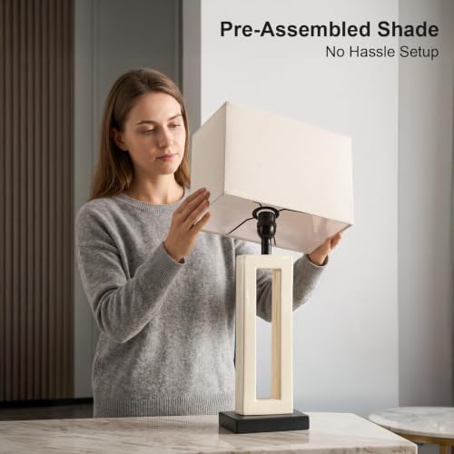 22" Modern Ceramic Table Lamps Set of 2, Cream Crackle Glaze Hollow Bedside Lamps with Linen Shade, 5ft Cord Rotary Switch E26 Base Nightstand Lamps for Bedroom Living Room Entryway Decor - Image 6