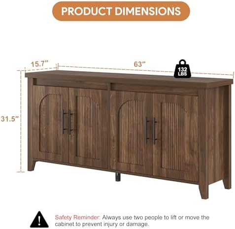 knoworld Modern Buffet Cabinet with Storage, 63" Fluted Sideboard Cabinet with Adjustable Shelves, Wood & Multi-Functional Coffee Bar Console for Kitchen Room, Bedroom, Living Room & Entryway Walnut - Image 2
