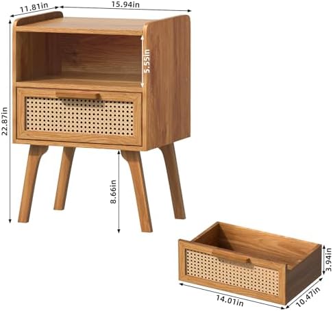 Lerliuo Rattan Nightstand, Side Table with Drawer Open Shelf - Image 3