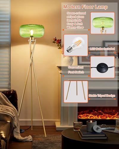 Lightdot Glass Tripod Floor Lamp for Living Room, Modern Gold Standing Lamp with Green Ribbed Glass Lampshade, Arc Tall Lamp for Bedroom Office Reading Room/Sofa Beside/Corner Decor (Bulb Included) - Image 5