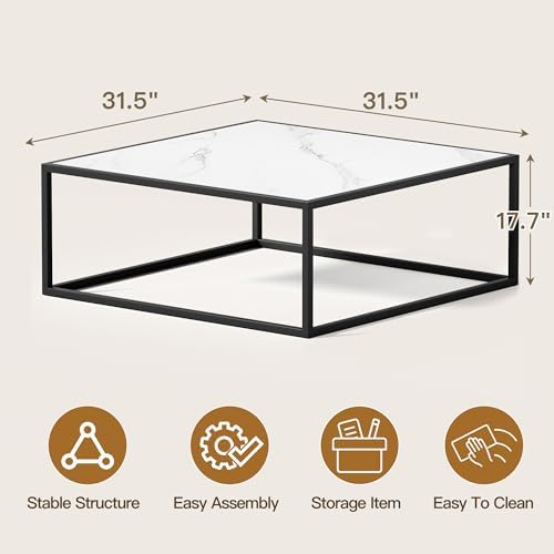 31.5" Square Coffee Table, Mid-Century Modern White Center Table for Living Room, Floor Table for Sitting on The Floor, Wood Cocktail Tea Contemporary Tables with Metal Frame for Office Apartment Home - Image 2