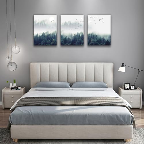 3 Piece Canvas Wall Art for Living Room - Misty Forests of Evergreen Coniferous Trees in an Ethereal Landscape - Modern Home Decor Stretched and Framed Ready to Hang - 16"x24"x3 Panels wall decor - Image 5