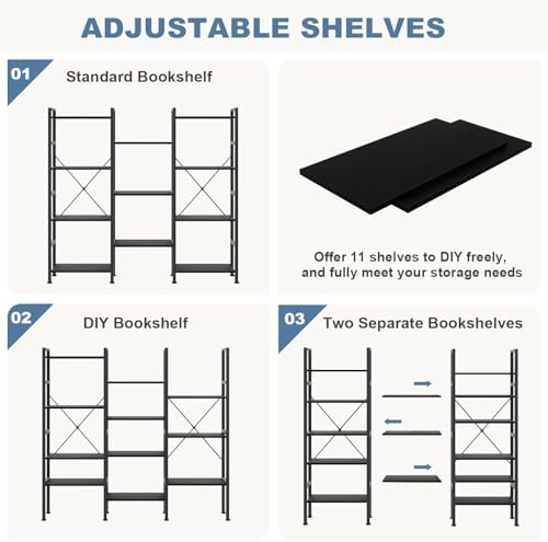 DUMOS Triple Column 4 Tier Bookshelf, Wide Industrial Bookcase, Black - Image 4