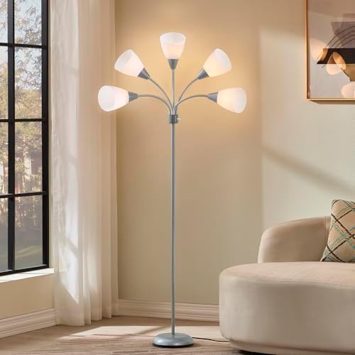 Medusa Modern Decor Floor Lamp, 5 Head Adjustable Gooseneck Lamps for Reading, White Shades Multiple Tall Standing Lamps for Living Room Bedroom Office Kids Classroom, Silver, Bulbs Included - Image 5