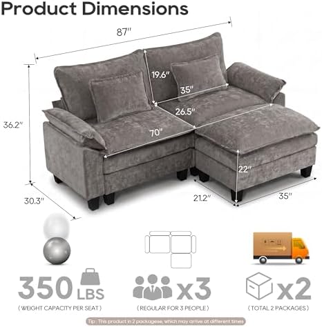 URRED Oversized Modular Sectional Sofa，Gray：87" L Shaped - Image 2