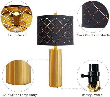 Set of 2 Modern Table Lamps for Living Room Bedroom, Gold Nightstand Resin Lamps with Black Grid Shade, Contemporary Desk Lamps for Bedside End Tables, 2 Bulbs Included (Gold) - Image 5