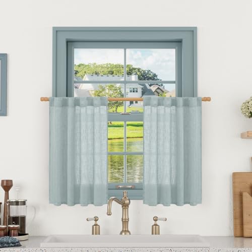 LAMIT Greyish Blue Linen Short Curtains 30 Inch Length for Cafe, 2 Panels by LAMIT