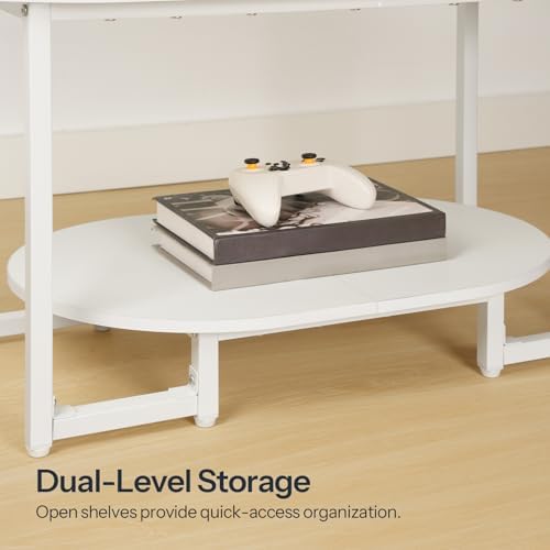 HOOBRO Coffee Table for Living Room, Oval Small Coffee Table with 2-Tier Open Storage Shelf, Industrial Cocktail Tea Table, Wooden Desktop Center Table, Farmhouse, Home Office, White WW09KF01 - Image 4