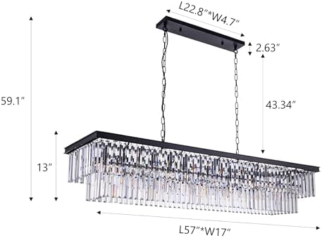Wellmet Crystal Chandelier, 57 Inch 13-Light Black Chandelier for Dining Room Light Fixture Ceiling Hanging, Modern Rectangular Chandeliers for Kitchen Island, Living Room, Bedroom, Dining Table - Image 3