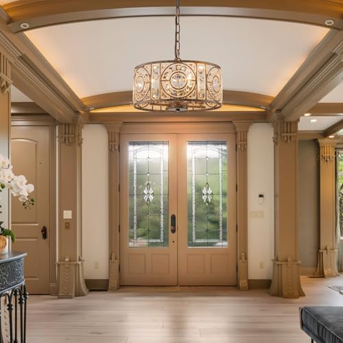 Bronze Vintage Crystal Chandeliers for Dining Room 14.17" Drum Pendant Lights, Dining Room Light Fixtures Over Table, Hanging Chandelier for High Ceiling Kitchen Island Living Room Foyer - Image 3