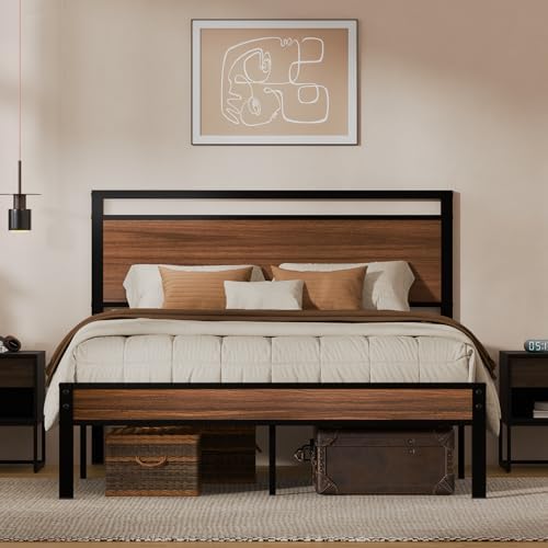 Z-hom Queen Metal Bed Frame&Wooden Headboard&Footboard,No Box Spring,Walnut by Z-HOM
