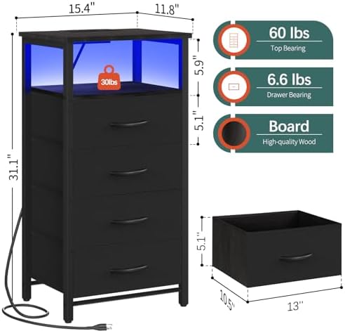 Yoobure Night Stand - Black Nightstand with Charging Station, Small Dresser - Image 3