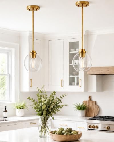 Brass Pendant Lights Kitchen Island 2 Pack, Farmhouse Gold Pendant Light with Clear Glass Globe Shade, Kitchen Island Lighting for Dining Room Entryway, AD-22280-1P2-GD-C by Audickic