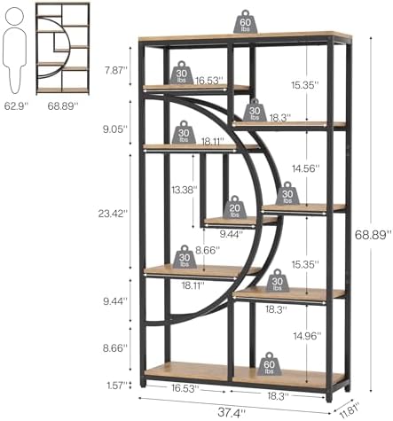 Tribesigns Industrial Bookshelf Bookcase with 9 Open Shelf (Light Oak) - Image 2