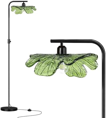 Vintage Dimmable Floor Lamp for Living Room, 67" Standing Lamp Mid Century Modern Tall lamp, Black Metal Pole with Green Flower Glass Shade, Tall Reading Lamp for Bedroom Office Corner by Auwieou