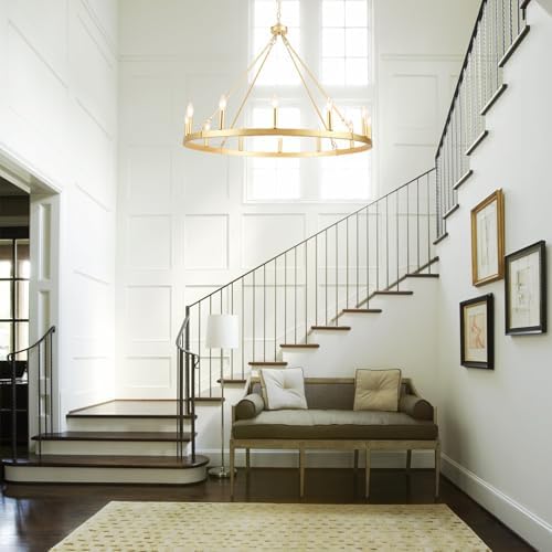 Gold Wagon Wheel Chandelier for Dining Room Light Fixture 12Light Gold Chandelier for Foyer 38inch 27-86" Height Adjustable Pendant Light for Flat Sloped Ceilings Dining Room Kitchen Island Entryway - Image 6