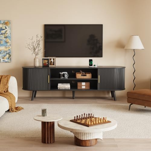 PRAISUN 63 Inch Fluted TV Stand for TVs up to 55, 65 Inch, TV Media Console with Power Outlets and USB-C Port, Entertainment Center with Storage, Curved Sliding Doors, Adjustable Shelf, Black by PRAISUN