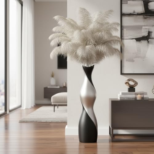 Matte Black & Silver Two-Tone Floor Vase, 24 Inch Modern Decorative Vase for Pampas Grass, Feathers, Dried Reeds, Contemporary Home Decor for Living Room, Office, Fireplace - Resin - Image 4