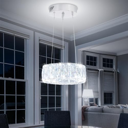 Modern LED Dimmable Crystal Chandelier 8" Ring Silver Pendant Light Fixtures for Kitchen Island Dining Room Living Room by IDEQUY