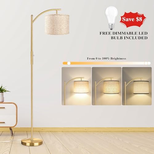 ROTTOGOON Dimmable Floor Lamp, Arc Floor Lamps for Living Room, Stepless Dimming Modern Standing Lamp with Linen Shade, Tall Lamp for Bedroom Office Dining Room- Brushed Gold - Image 3