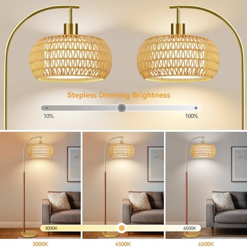 Wood Arc Floor Lamps for Living Room,Boho Rattan Floor Lamp with Remote Control & 3 Color Temperatures,Dimmable Mid Century Modern Standing Lamp Farmhouse Vintage Tall Floor Lamp For Bedroom Corner - Image 2