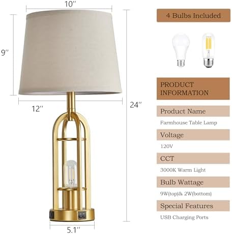 SRJJA 24" Modern Table Lamps for Living Room Bedroom Set of 2, USB A+C - Image 6