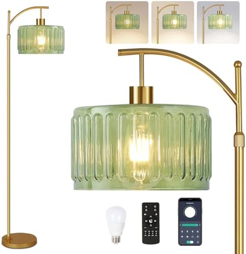 ILLMTW Glass Floor Lamp for Living Room,Bedroom,Gold Mid Century Modern Standing Lamp with Remote,Dimmable Brass Tall Lamp Vintage Retro Green Arc Flower Floor Light Boho Bohemian by IlluminateTheWorld