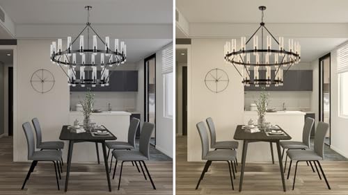 60 Inch Black Wagon Wheel Chandelier 2 Tier with Glass Shade, 30 Lights, Modern Farmhouse Style, Ideal for Dining Room, Kitchen, Entryways - Image 6