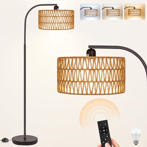 Brilvibera Boho Floor Lamp with Dimmable Bulb Rattan Double Shade Lamp by Brilvibera