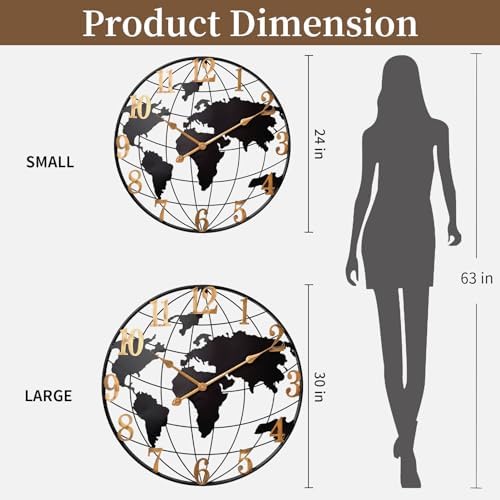 Large World Map Wall Clock Metal Minimalist Modern Round Silent Wall Decor - Image 2