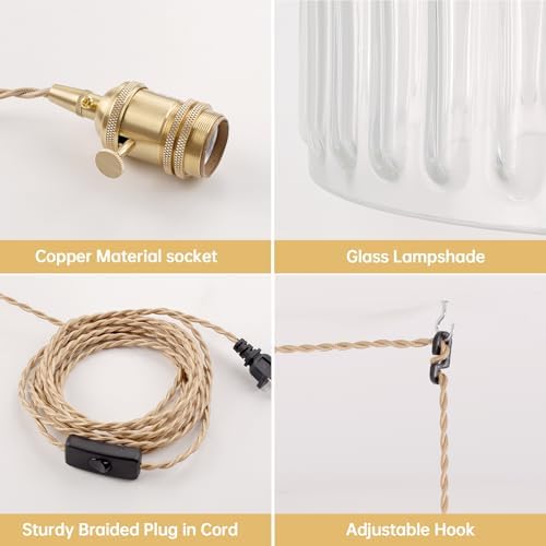 Shenmoyl Plug in Pendant Light Hanging Light Fixtures with Plugin Cord On/Off Switch,Clear Striped Glass Lampshade Brass Pendant Light - Image 5