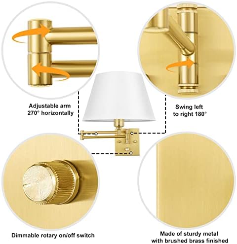 TRLIFE Remote Control Dimmable Wall Sconce, Adjustable Color Temperature 2700K-6500K Brushed Brass Swing Arm Wall Lights with Plug in Cord, 11.8" Large White Shade(2 Pack, 2 Bulbs) - Image 5