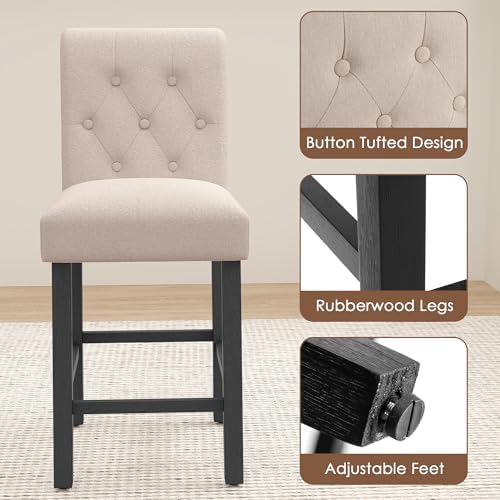 LSSBOUGHT Counter Stools Set of 4,24 inches Upholstered Counter Height Chairs with Button-Tufted and Solid Wood Legs（Beige） - Image 5