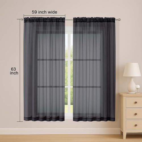 OWENIE Black Sheer Curtains 63 Inch Long 2 Panels for Living Room 59" Wide - Image 2