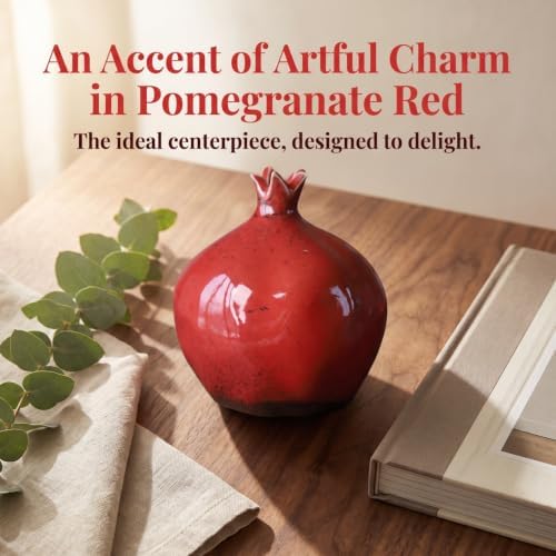 VOSAREA Glazed Ceramic Pomegranates Bud Vase, Pomegranate Home Decor Creative Flower Vase Fake Pomegranate Fruit Table Centerpiece Art Craft Ornament Housewarming Gift B, 12.50X9.50X9.50CM, Red - Image 4