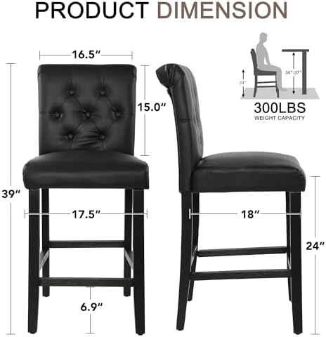 LSSBOUGHT 24 Inches Leather Counter Height Stools Set of 2 with Solid Wood Legs Bar Chairs for Kitchen lsland & Dining Room(Black,2PCS) - Image 2