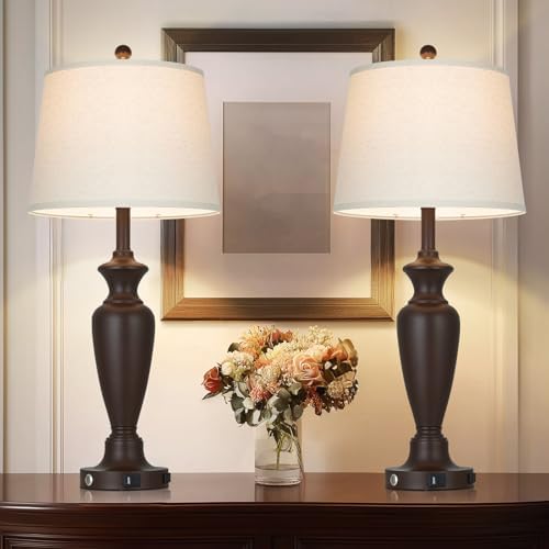 Cinyirong 30" Tall Metal Table Lamps Set of 2, Touch Control Bedside Lamps for Bedroom Nightstand, 3-Way Dimmable Farmhouse Lamp for Living Room with Charging Ports, Brown (2 LED Bulbs Included) by Cinyirong