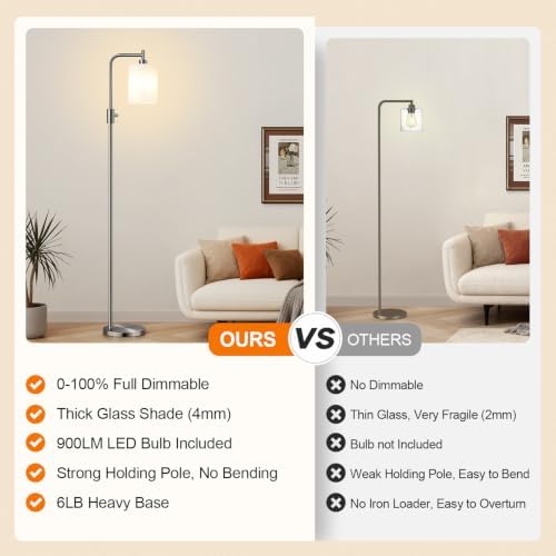 【Upgraded】 Dimmable Floor Lamp for Living Room with Opal Glass Lampshade, Brushed Nickel Modern Floor Lamp with 900LM LED Bulb Included, Standing Tall Lamp for Bedroom, Office, Reading Room, Corner - Image 2