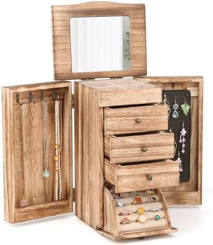 Meangood Jewelry Box Jewelry Organizer, 5-Layer Wooden Jewelry Organizers and Storage Boxes for Women Girls, Ring Earring Bracelet Necklace Holder Organizer with Mirror & Drawers (Carbonized Black) by Meangood