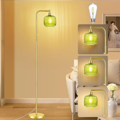 Dimmable Gold Floor Lamp with Ribbed Shade, Vintage Green Standing Lamp Dimmable with Solid Base, Arc Floor Lamps Glass for Living Room, Bedroom, Office, Decorative Tall Corner Lamps Gift Use by BetterLightingBetterLife