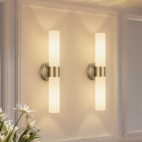 Wall Sconces Set of Two, Modern Bathroom Sconces Wall Lighting with & Milky White Glass, Brass Sconces Wall Decor Set of 2 for Bathroom Mirror Bedroom Living Room Hallway by Meybiok