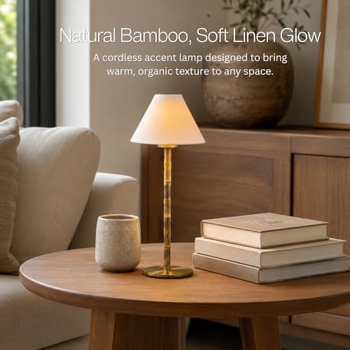 Bamboo Cordless LED Table Lamp – Rechargeable 24-Hour Battery, Dimmable Warm Light, Portable Wireless Lamp with Remote for Indoor/Outdoor Use, Home, Patio, Restaurant – (WHITE LINEN), 14.95" Tall - Image 2