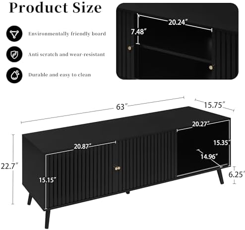 Oubayajia Mid Century Modern TV Stand for Televisions up to 70 Inches, with Sliding Doors and Storage, Television Stands, TV Consoles, Media Consoles for Living Room, 63 Inch (Black) - Image 2