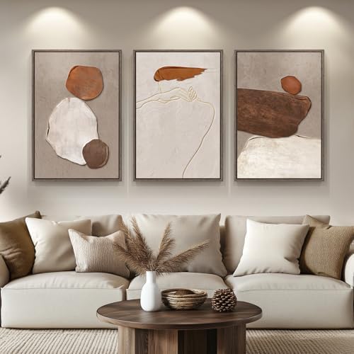 Large Framed Neutral Abstract Wall Art, Set of 3, Beige Brown, 24x36 In by Cuspin