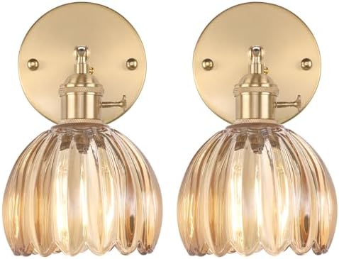 Shenmoyl Vintage Wall Sconces Set of 2 with Amber Tulip Glass Lampshade 180 Degree Adjustable Brass Sconces Hradwired Modern Wall Lighting Fixture with Switch for Bedside Bedroom Doorway by Shenmoyl