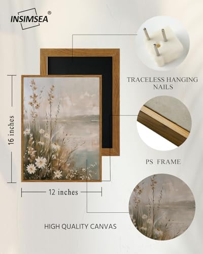 InSimSea Framed Canvas Wall Art Vintage Decor, Wildflowers Landscape Pictures Bathroom Wall Decor Aesthetic, Living Room Bedroom Flower Nature Home Decorations, 12x16inch - Image 3