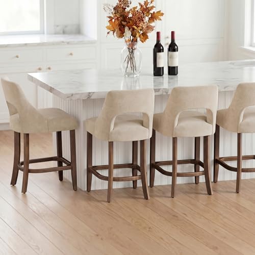 UVV Bar Stools Set of 3, Upholstered Counter Height Bar Stools, Modern Counter Stools with Wood Legs for Kitchen Island Dining Room Bar, Beige - Image 5