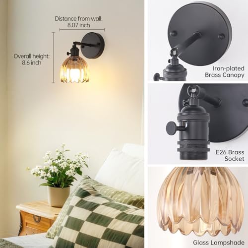 Shenmoyl Vintage Battery Operated Wall Sconce with Amber Tulip Glass Lampshade Rechargeable Battery Powered Black Wall Light with Remote Control for Bedside Bedroom Doorway - Image 4