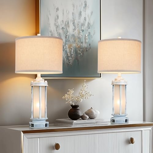 AIEAMPDO 25" Set of 2 Antique White Rustic Table Lamps 2 USB C+A Ports - Image 4